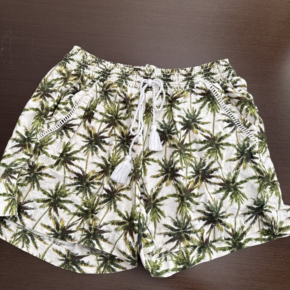 Briggs Palm Tree Print Linen Blend Short Elastic Waist Women Size M
